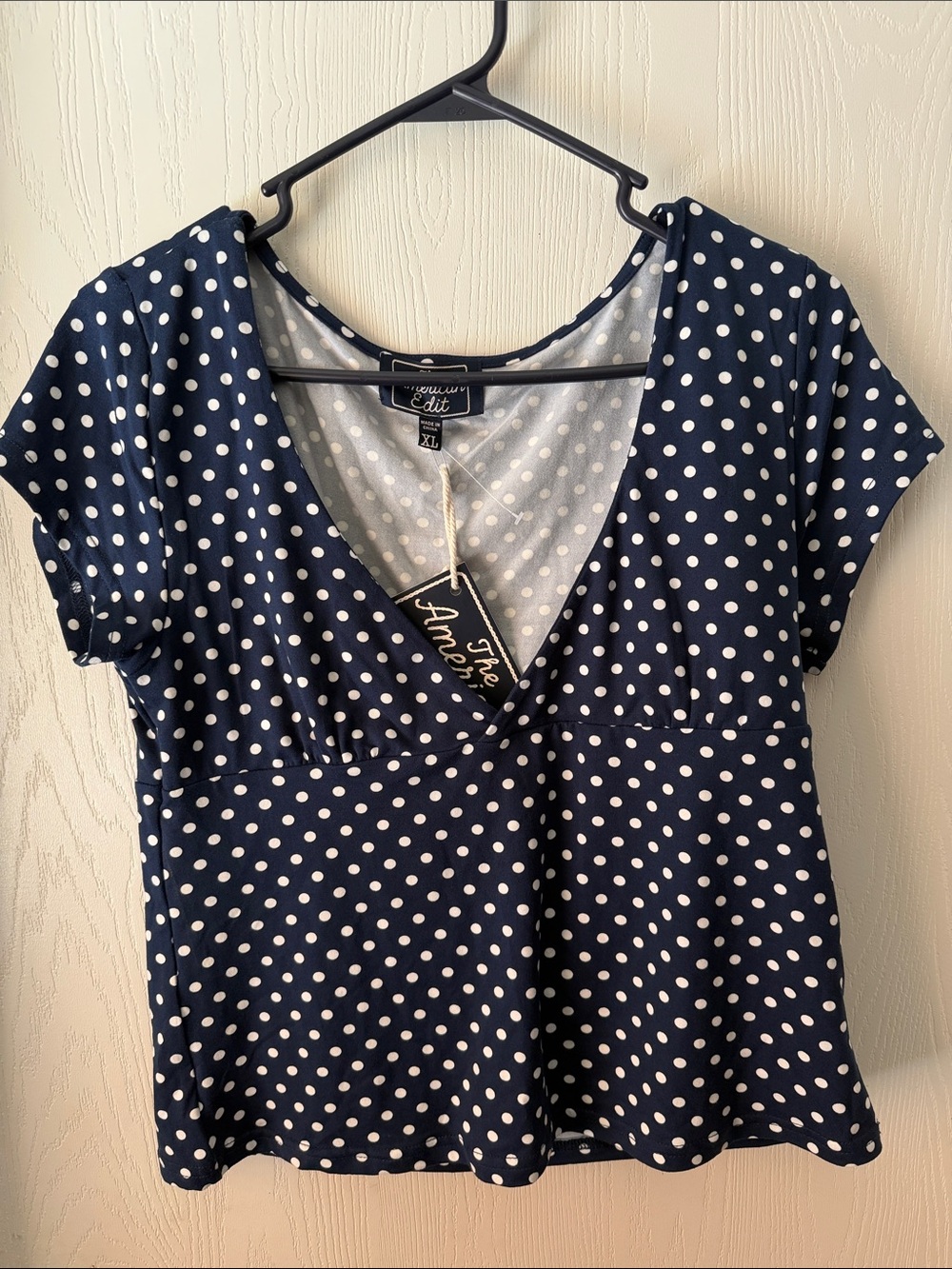 The American Edit Navy Blue Polka Dot V-Neck Short Sleeve Top